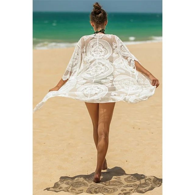 Juniors' Swimsuit Cover Up Celebrity Embroidery Design Lace Tie Front Open 3/4 Sleeve (White, one... | Walmart (US)