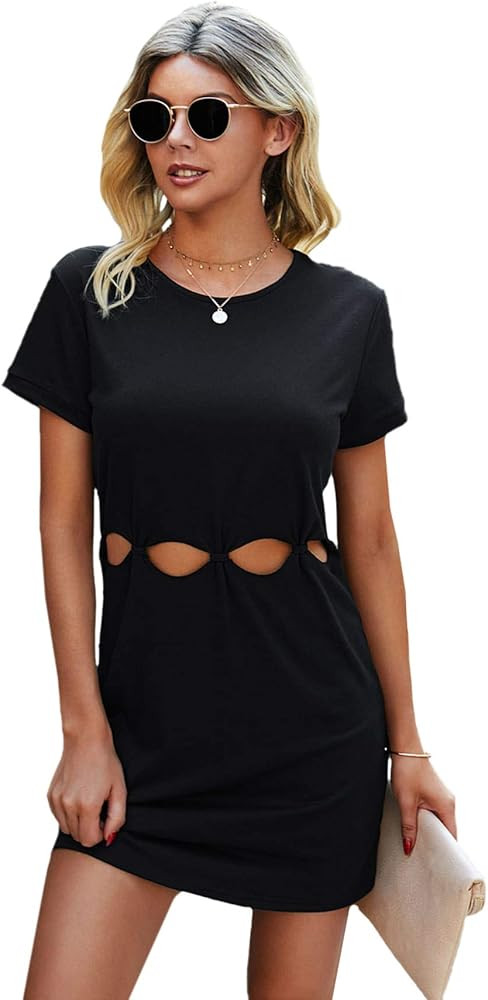 WDIRARA Women's Cut Out Short Sleeve Round Neck Casual T Shirt Short Dress | Amazon (US)