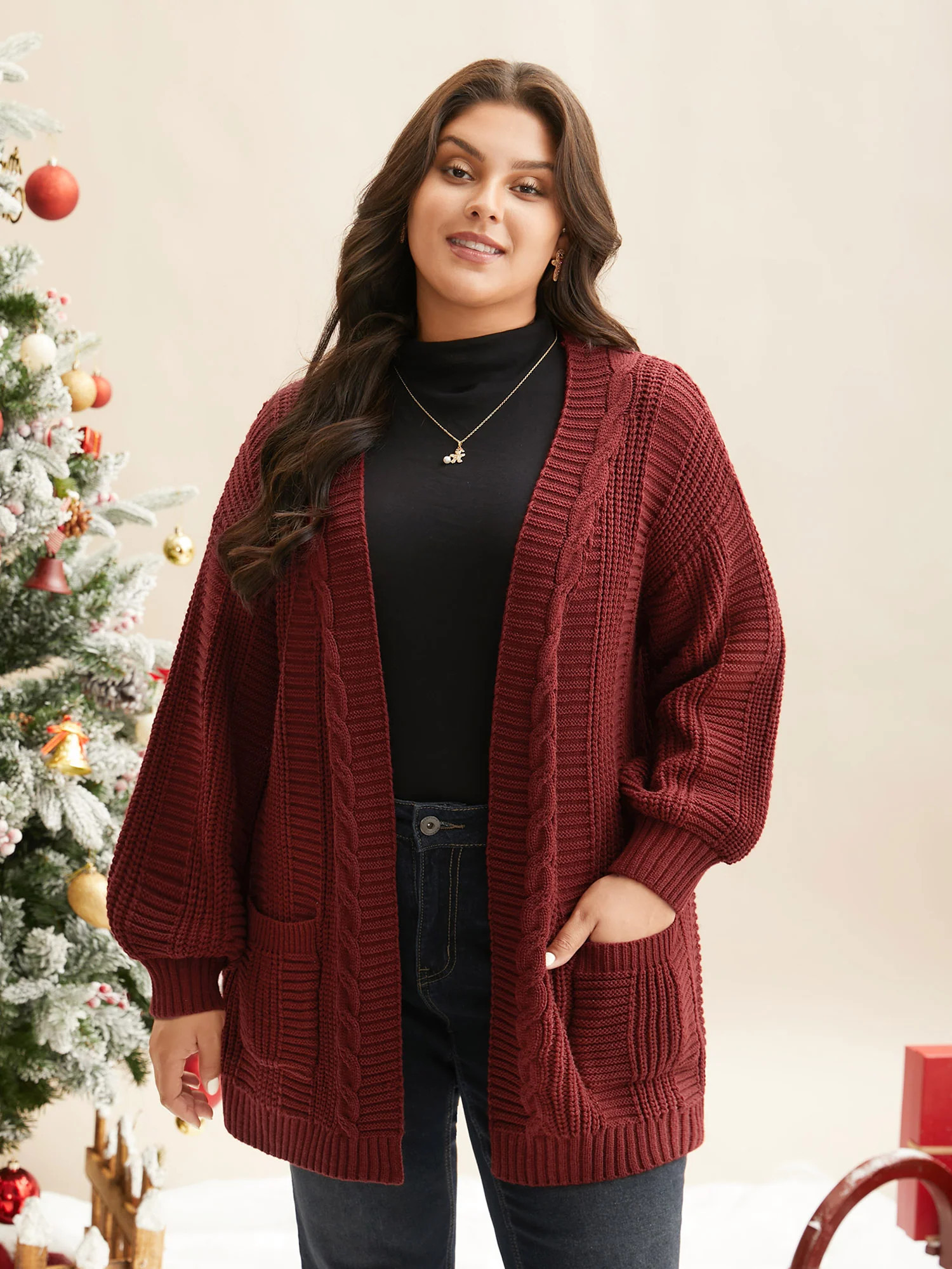 Cable Knit Ribbed Detailing Open Front Cardigan | Bloomchic