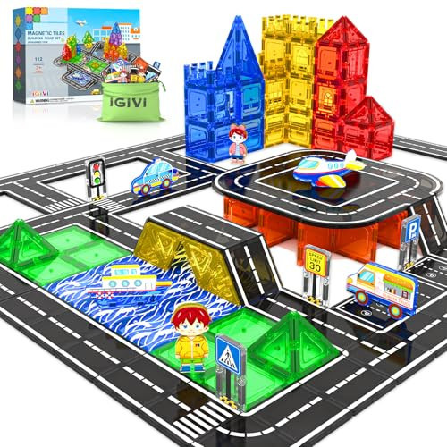 112 PCS Magnetic Tiles Road Set, STEM Magnetic Building Blocks for Toddler Kid Toys, City Construction Toys for 3+ Year Old Boys & Girls, Creative Kids Birthday | Amazon (US)