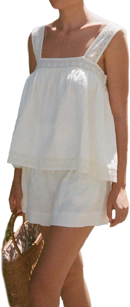 Womens Fashion 2 Piece Set Lace Cami Top and Shorts Set Summer Cotton Pajama Set | Amazon (US)