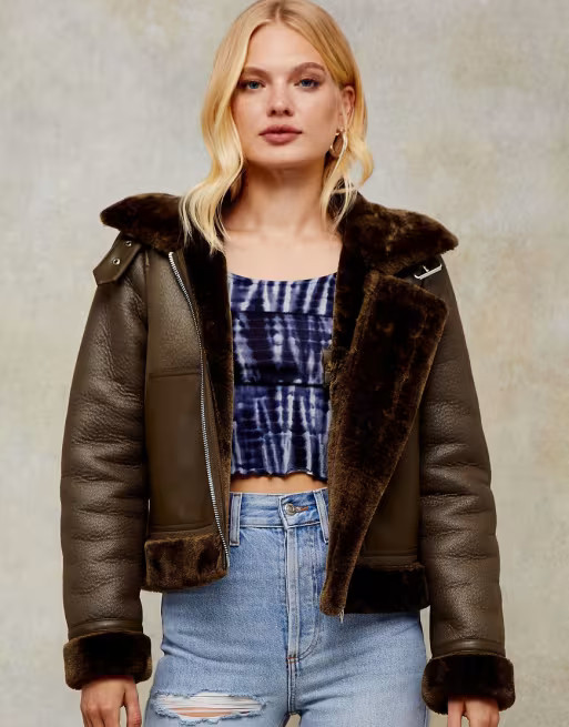 Topshop faux leather aviator jacket in olive | ASOS (Global)