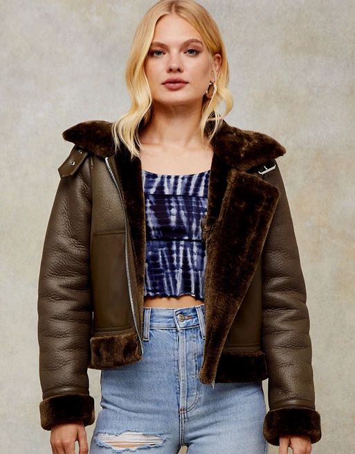 Topshop faux leather aviator jacket in olive | ASOS (Global)