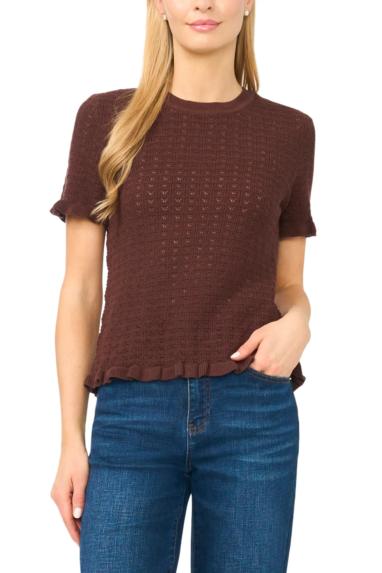 Halogen® Ruffle Trim Pointelle Stitch Short Sleeve Sweater (Women) | Nordstrom | Nordstrom