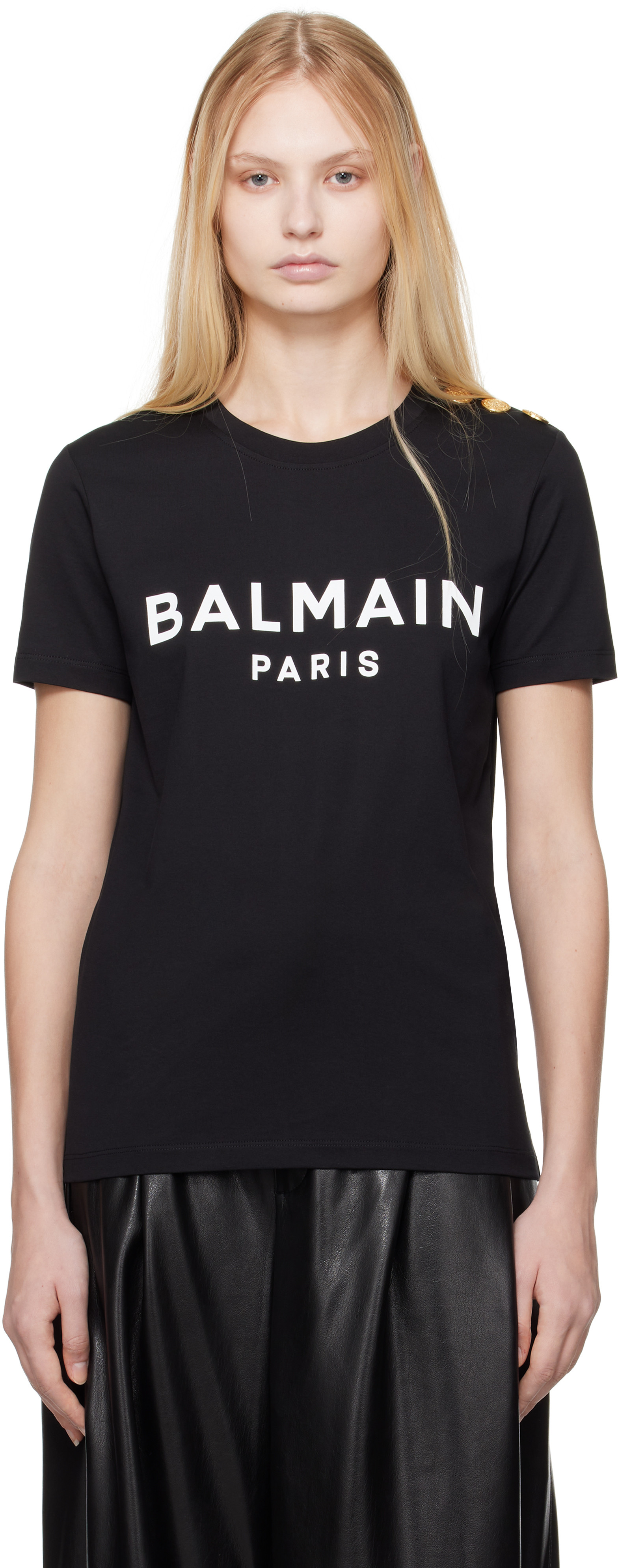Balmain Black 'Balmain Paris' Print T-shirt | SSENSE