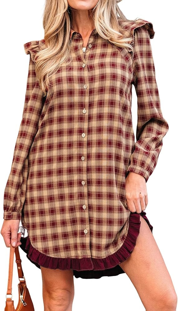Womens Mini Dress Red Plaid Print Ruffled Long Sleeve Patchwork Hem Mini Shirt Dress | Amazon (US)