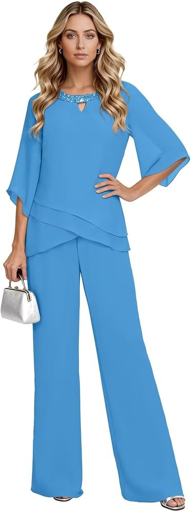 2 Pieces Mother of The Bride Pant Suits with Short Sleeves Chiffon Formal Grandmother Pantsuit Ou... | Amazon (US)