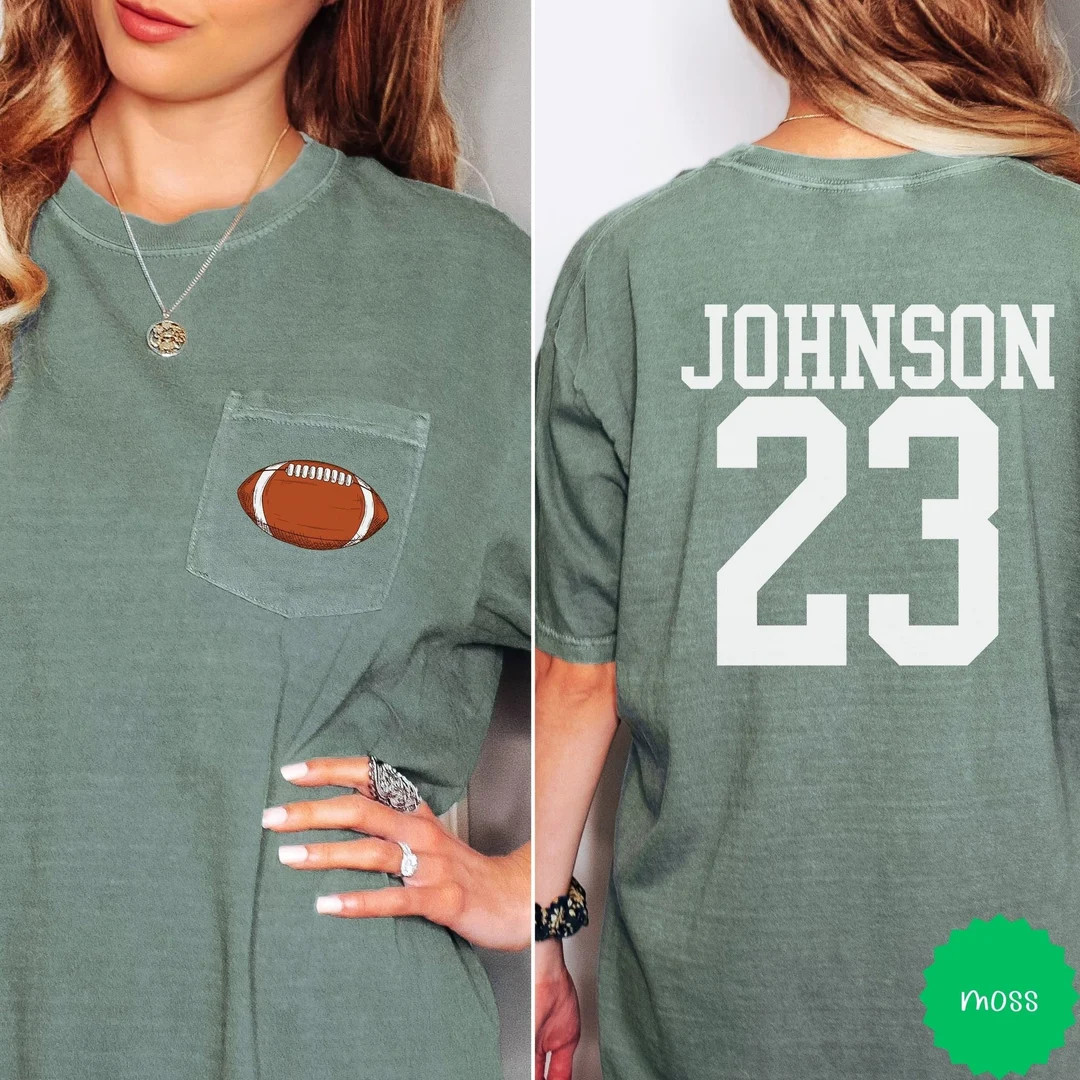Football Comfort Colors Pocket Shirt, Football Mama T-shirts, Personalized Name and Number Tee, F... | Etsy (US)