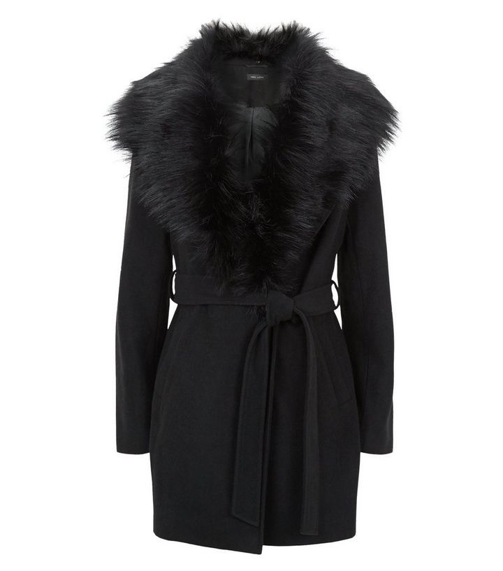 Black Faux Fur Collar Belted Coat  | New Look | New Look (UK)