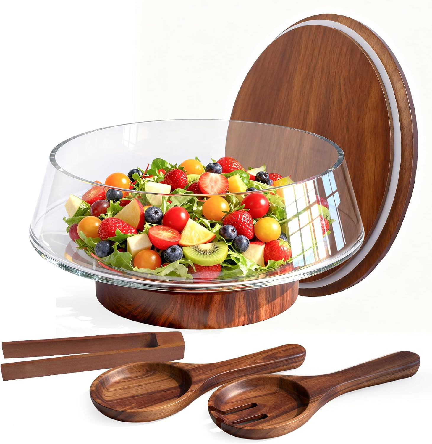 Airsent Glass Salad Bowl Set with Wood Base Servers, Large 160 oz Hand Blown Glass Bowl Kitchen Must Haves, Big Serving Bowl Elegance Trifle Bowl Glass, Wooden Kitchen Utensils for Party | Amazon (US)