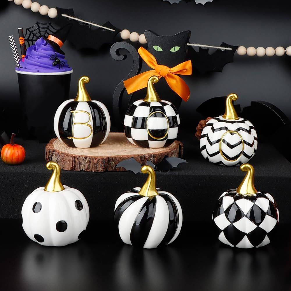 6 PCS Ceramic Pumpkins for Halloween Decor, Black and White Boo Pumpkins for Table, Tiered Tray, ... | Amazon (US)