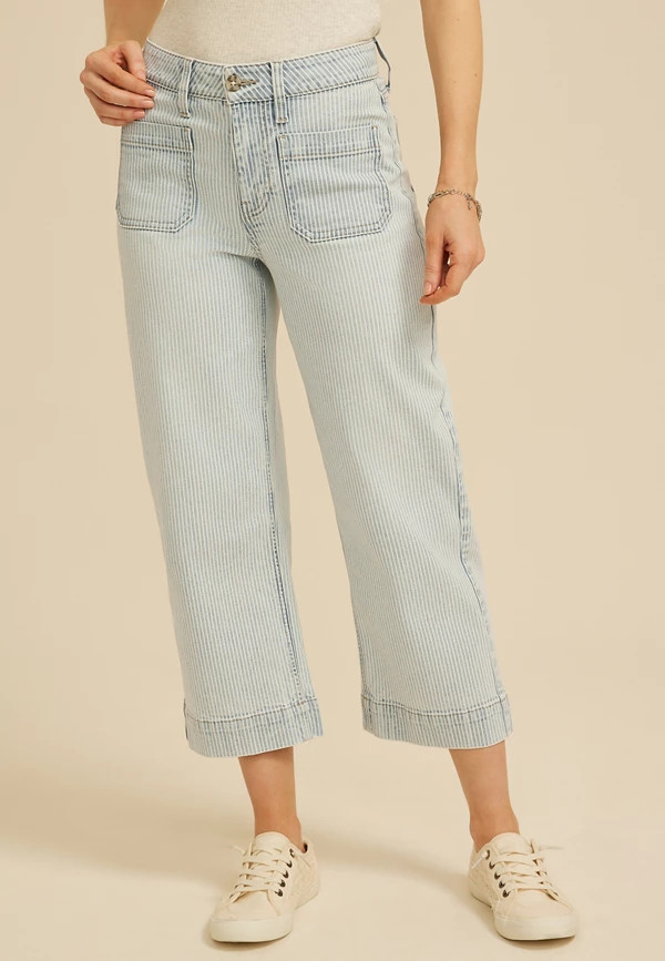 m jeans by maurices™ High Rise Light Stripe Patch Pocket Wide Leg Cropped Jean | Maurices