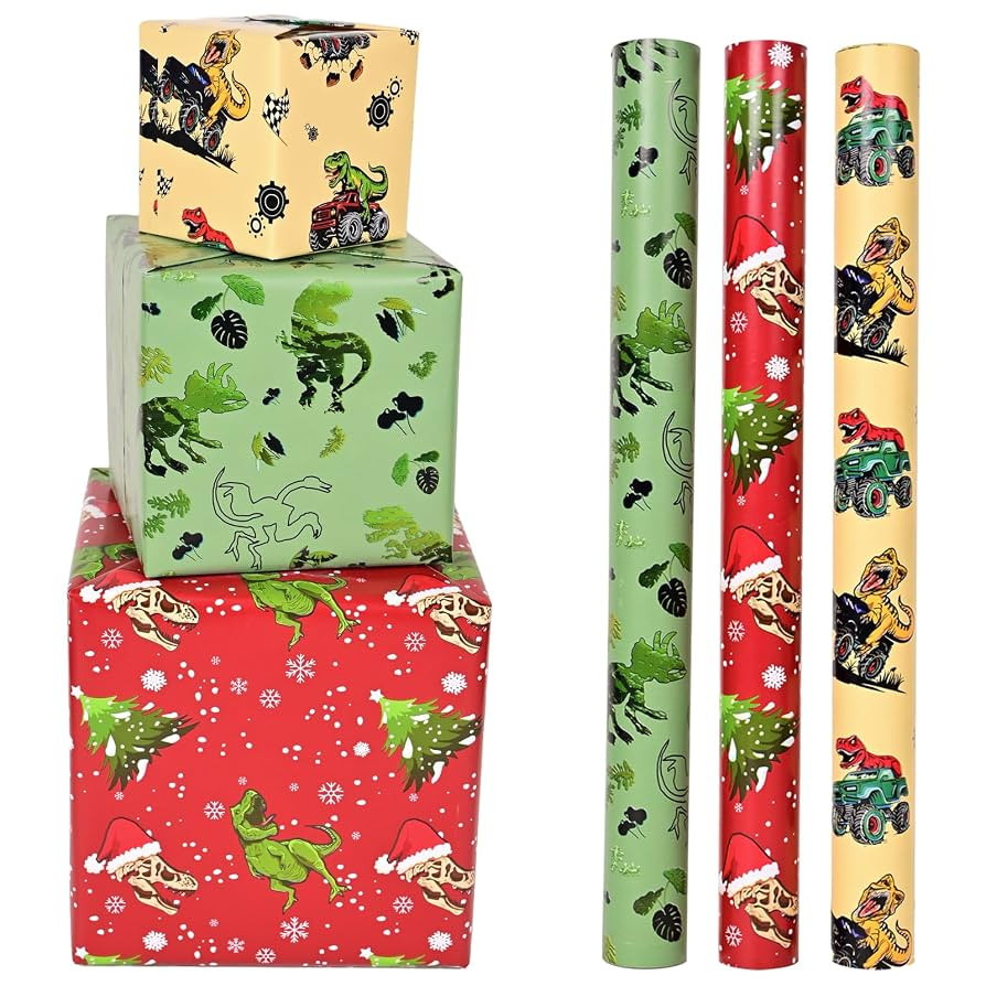 Vnaaem Dinosaur Christmas Wrapping Paper Bundle - Mini Roll - 3 Rolls - 17 Inches X 120 Inches Pe... | Amazon (US)