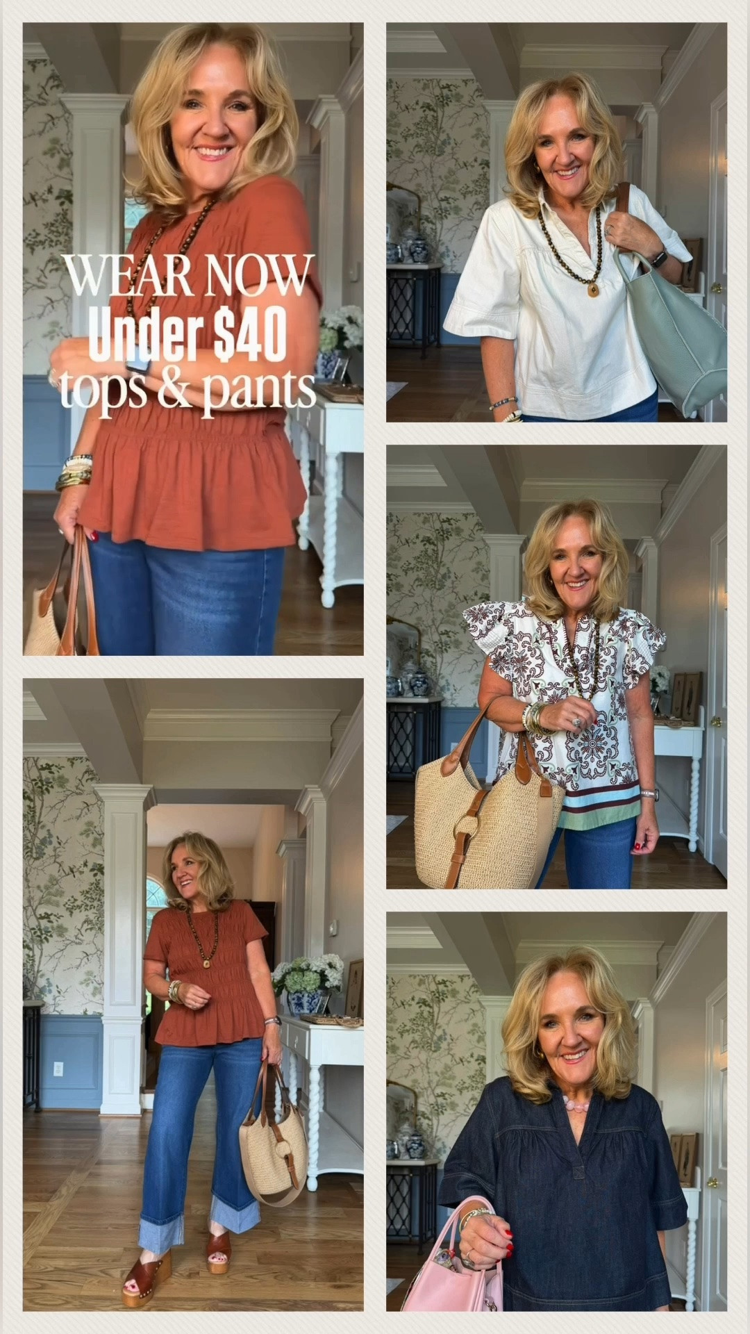 Smocked top size large I don’t like the smocking tight on me
Printed blouse size small
The denim tops I’m in a medium
Wide cuff denim size 8 fit size
Bandana jeans size medium 
Linen ish pants size medium 

Business casual teacher outfits wide cuff denim 

#LTKOver40 #LTKSaleAlert #LTKootd

#LTKPetite