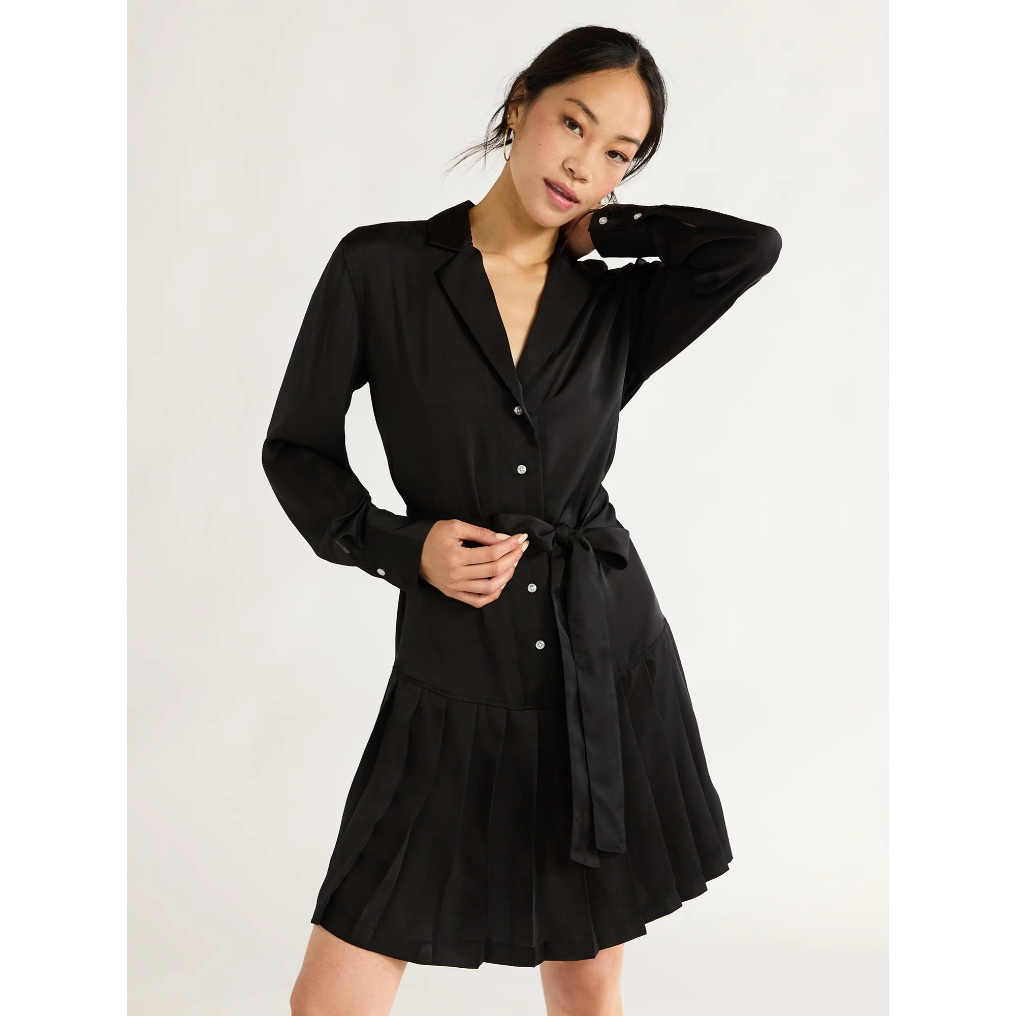 Free Assembly Women's Pleated Mini Shirtdress with Long Sleeves, Sizes XS-XXL - Walmart.com | Walmart (US)