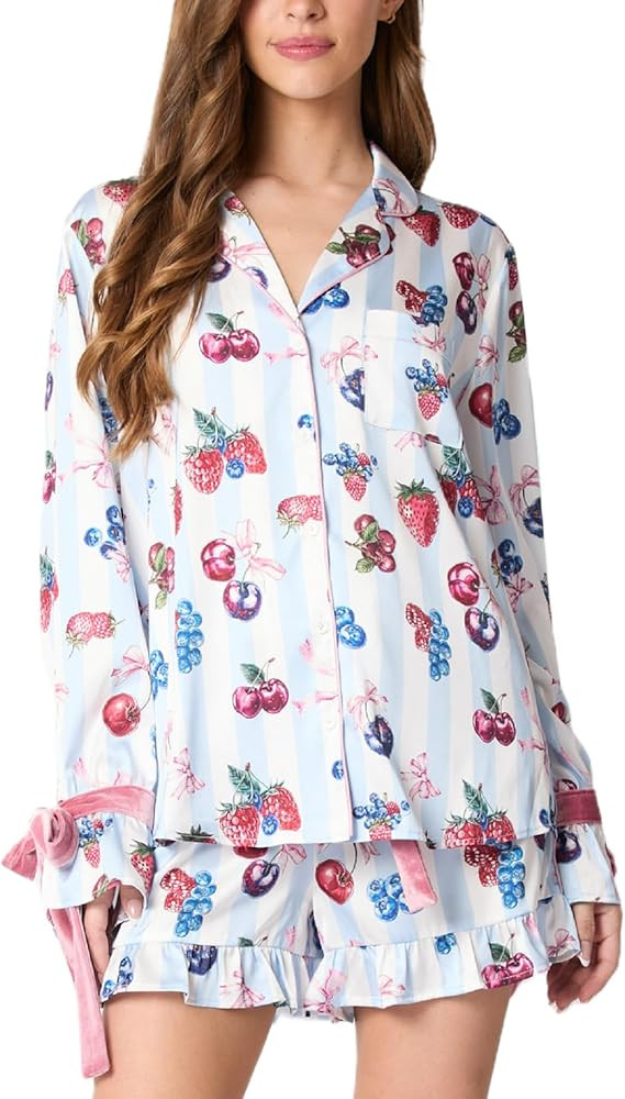 Faretumiya Women 2 Piece Christmas Pajamas Set Bow Tie Long Sleeve Shirt Ruffle Shorts Colorful S... | Amazon (US)