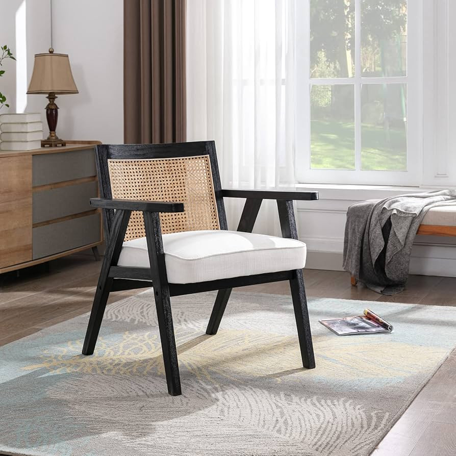 Accent Rattan Chair, Linen Upholstered Living Room Chairs with Cane Back, Retro Mid Century Moder... | Amazon (US)