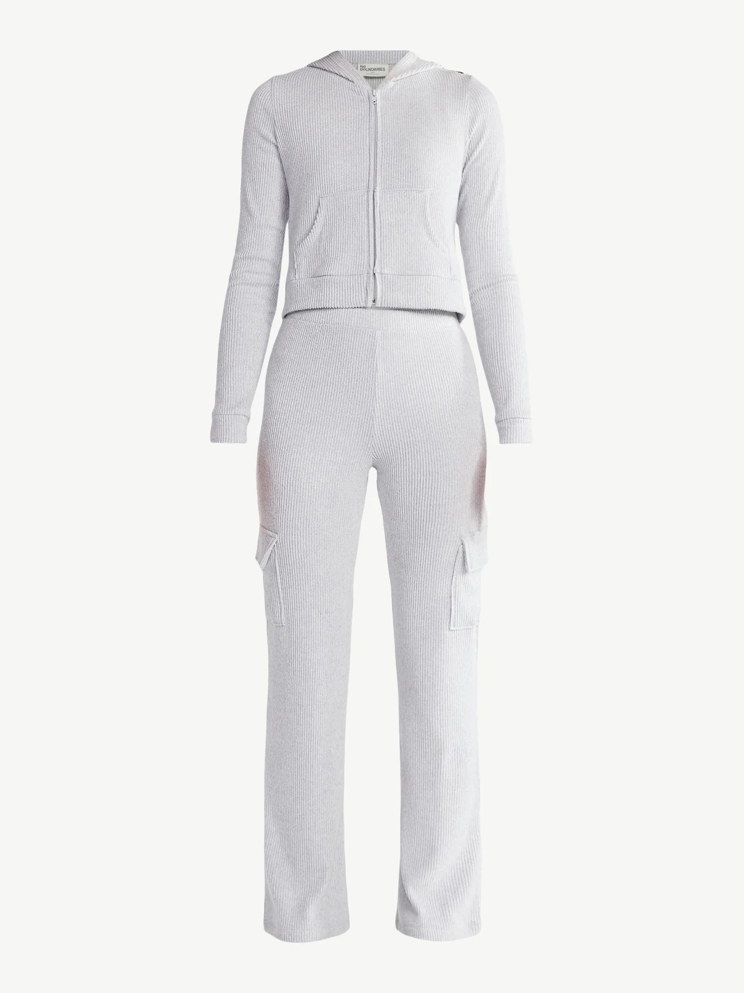 No Boundaries Brushed Ribbed Zip-Up Hoodie and Flare Pants Set, 2-Piece, Women's | Walmart (US)