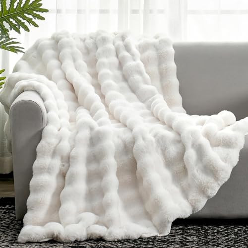 Cozy Bliss Faux Fur Throw Blanket for Couch, Fuzzy Soft Plush Thick Bubble Blanket for Sofa Bedroom Living Room, 50 * 60 Inches Cream White | Amazon (US)