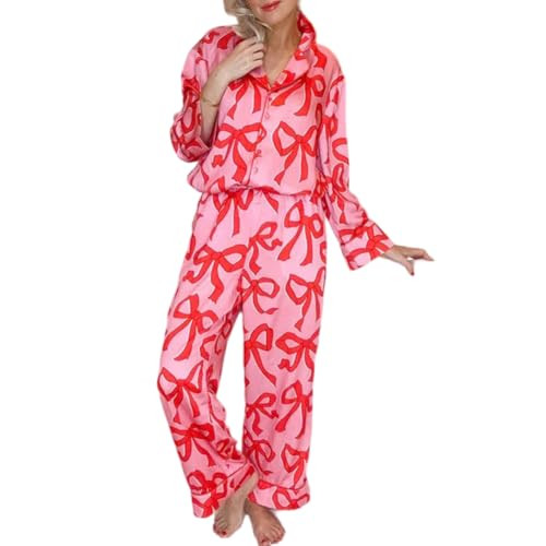 ANGELBEE Bow Pajamas for Women 2 Piece Cute Soft Button Down Valentines Day Pajamas Women Set Y2K Print Loungewear (US, Alpha, Medium, Regular, Regular, red) | Amazon (US)