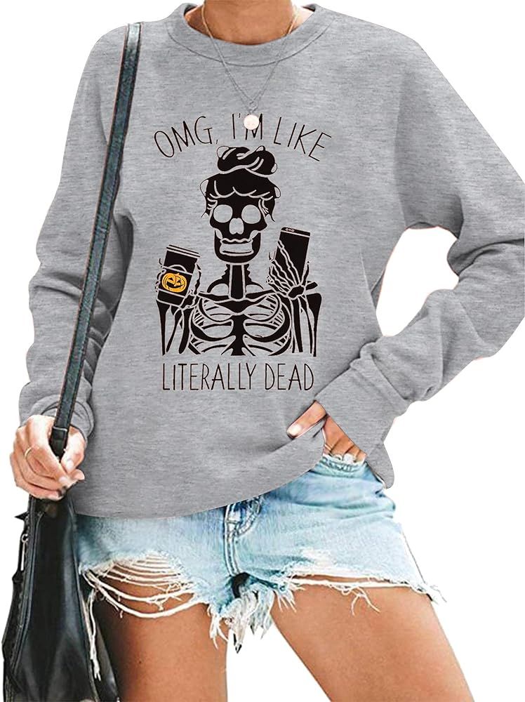 Women Skull Sweatshirt Casual Coffee Cup Graphic Tee Leopard Skeleton Pullover Funny Letter Print... | Amazon (US)