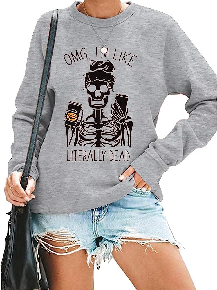 Women Skull Sweatshirt Casual Coffee Cup Graphic Tee Leopard Skeleton Pullover Funny Letter Print... | Amazon (US)