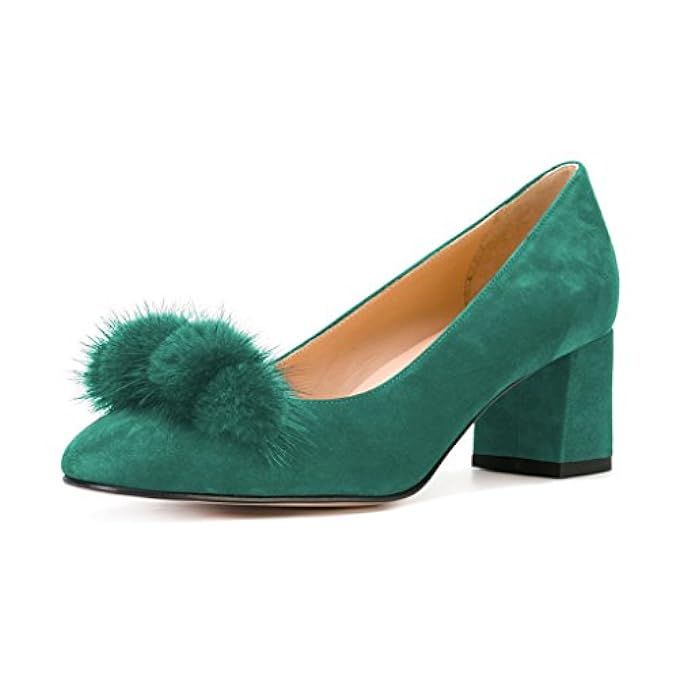 XYD Trendy Fur Pom Slip On Pumps Low Block Heel Round Toe Dress Shoes for Women | Amazon (US)
