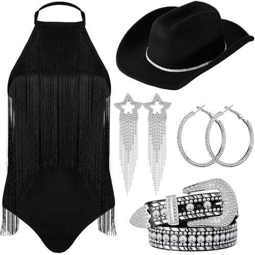 Maiteenly Western Costume for Women Black Cowgirl Hat with Rhinestones 70s 80s Disco Fringe Bodysuit Belt Necklace Earring(Large) | Amazon (US)