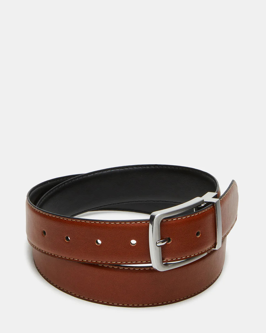 Men's Belt Black/Cognac | Silver Buckle Feathered Edge Reversible Belt | Steve Madden (US)