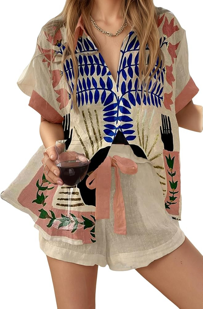 Womens Novelty Casual 2 Piece Beach Vacation Outfits Short Sleeve Tops Elastic Waist Shorts Set S... | Amazon (US)