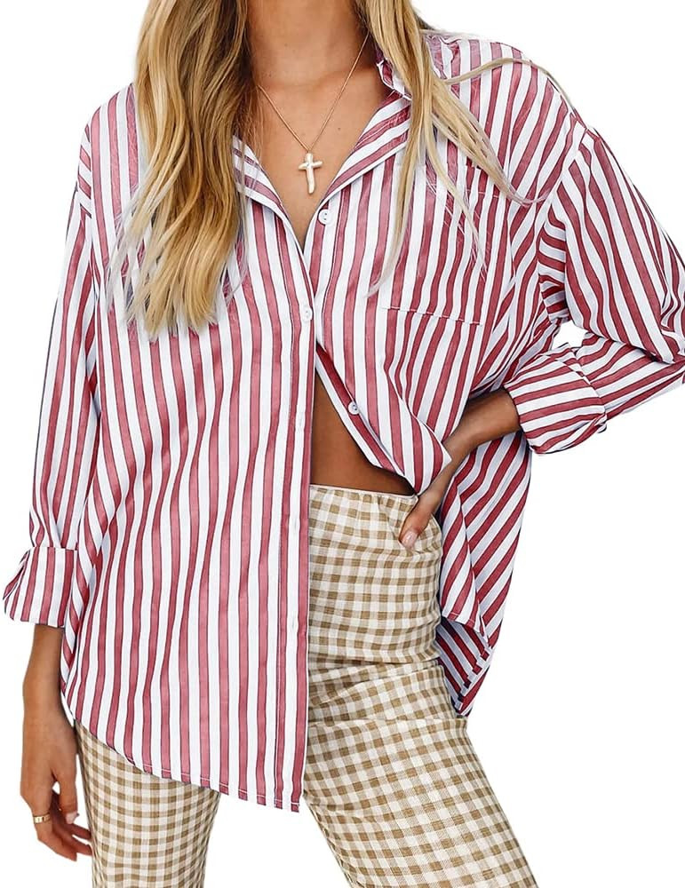 thefabland Women's Blouses Striped Long Sleeve Shirts Button Down Loose Fit Casual Tops | Amazon (US)