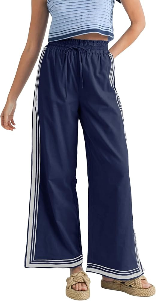 Womens Casual Wide Leg Side Striped Pant Drawstring Elastic Waist Lounge Palazzo Pants with Pocke... | Amazon (US)