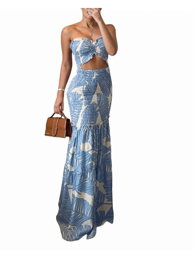 CHICME Summer Dresses for Women Floral Printed Strapless Ruched Ruffle Hem Bodycon Party Vacation... | Walmart (US)
