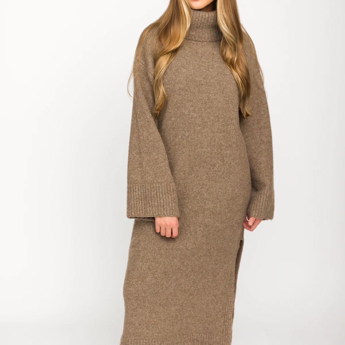 Melissa Cowl-Neck Sweater Midi Dress in Light Mocha | Worth Collective