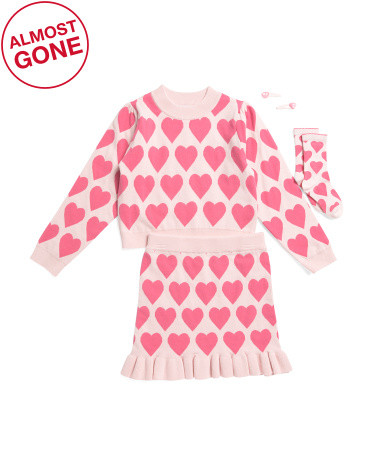 Girls 2pc Heart Sweater And Skirt Set With Socks And Hair Clips | TJ Maxx