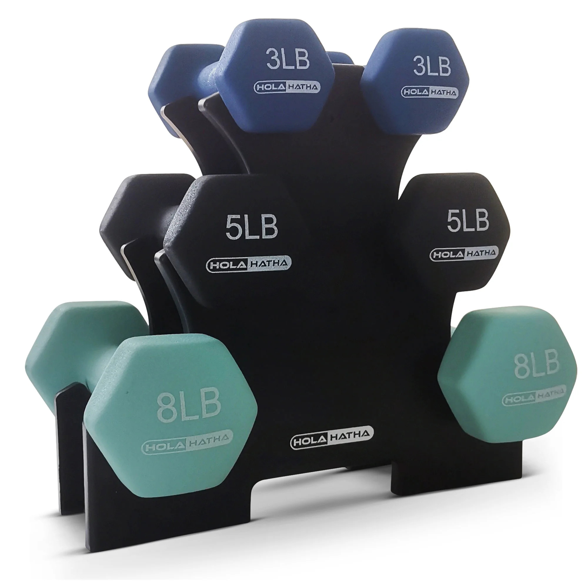 HolaHatha 3, 5, and 8 Pound Dumbbell Hand Weight Set with Storage Rack | Walmart (US)