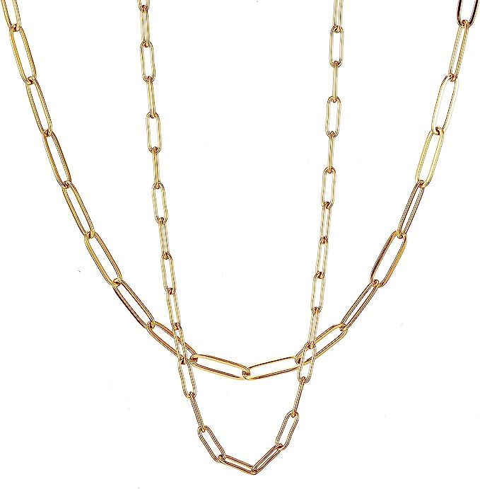 RWQIAN 18k Gold Paperclip Chain Link Necklace Dainty Paperclip Link Chain Layered Necklace Oval L... | Amazon (US)