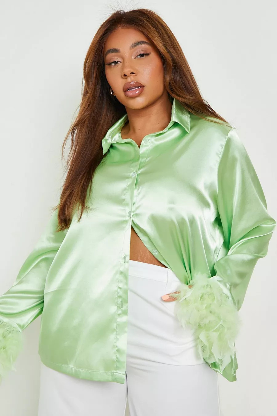 Plus Feather Cuff Oversized Satin Shirt | Boohoo.com (US & CA)