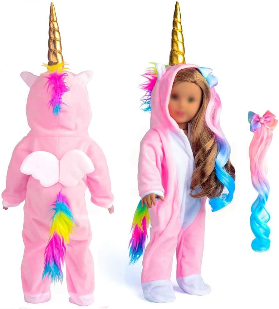 sweet dolly 18 Inch Doll Clothes Unicorn Onesie Pajamas Rainbow Color Hair Bow Clips Costume Fits... | Amazon (US)