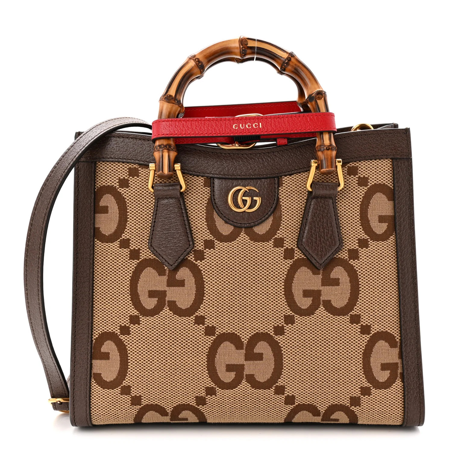 Gucci Monogram Jumbo GG Textured Dollar Calfskin Small Diana Tote Bag Camel Ebony New Acero Pomegranate Red | FASHIONPHILE (US)
