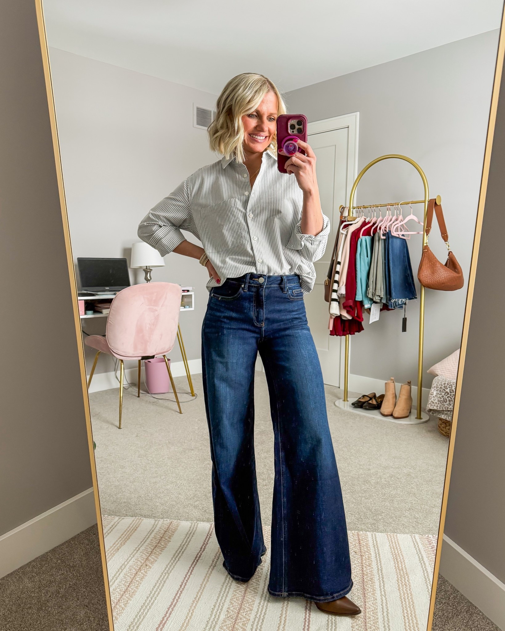 I love how a button-down shirt looks with palazzo jeans! 
Shirt- xs
Jeans- 25

#LTKSeasonal #LTKPetite #LTKOver40