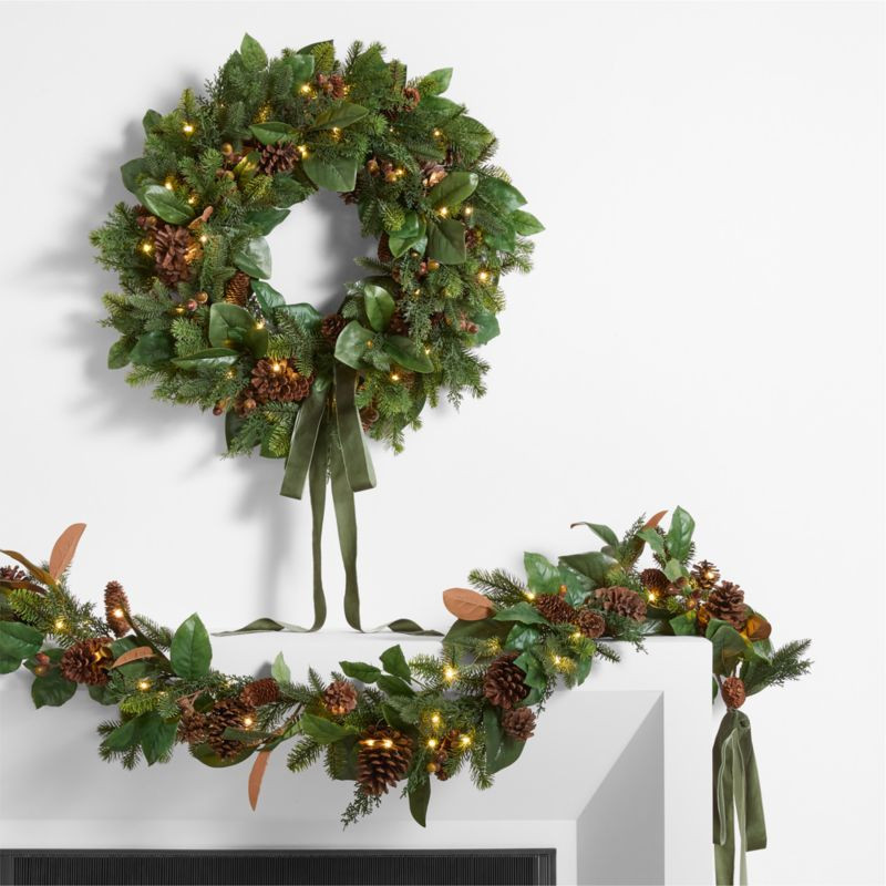 Pre-Lit Pine & Magnolia Holiday Wreath & Garland Set + Reviews | Crate & Barrel | Crate & Barrel