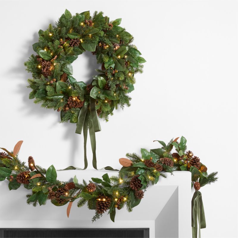 Pre-Lit Pine & Magnolia Holiday Wreath & Garland Set | Crate & Barrel | Crate & Barrel