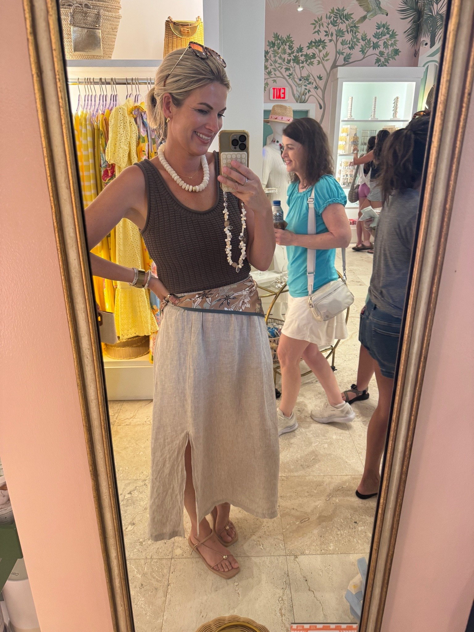 This tank is a much cooler brown in real life. Wearing small and small in the linen skirt. Sandals true to size.

#LTKOver40 #LTKTall #LTKTravel