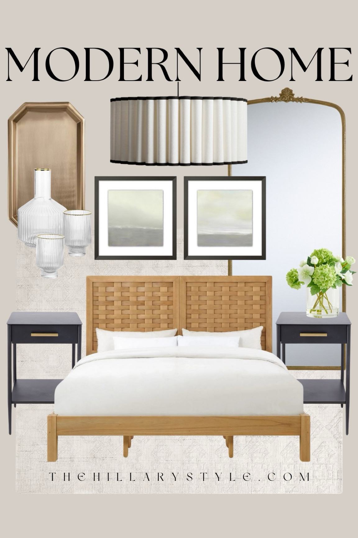 Modern Home: Neutral home decor and furniture finds for the modern organic bedroom. Platform bed frame, black nightstands, neutral area rug, modern chandelier, framed art set, gold floor mirror, bedside carafe set, gold tray, faux floral arrangement. Walmart, Pottery Barn, West Elm, Arhaus, World Market, Amazon, Target.

#LTKHome #LTKStyleTip #LTKSeasonal