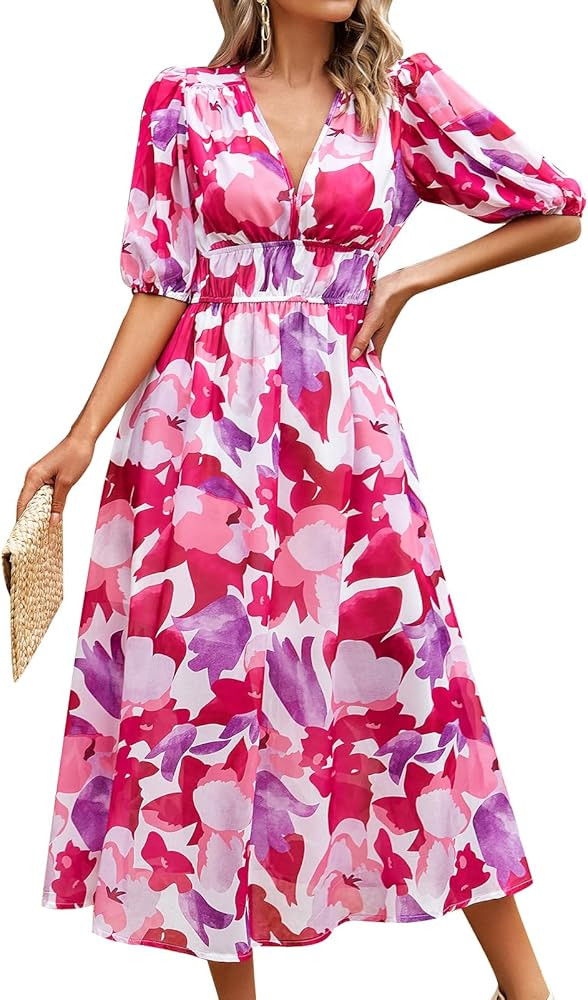 IDOPIP Women Elegant Floral Print Midi Dress Empire Waist Chiffon Dress Summer Boho Flowy Sundres... | Amazon (US)