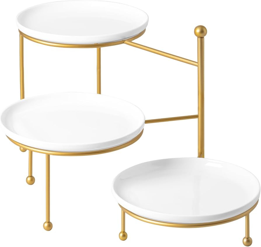 Kanwone 3 Tiered Serving Stand with White Porcelain Plates, 10" Round Tray, Dessert Table Display... | Amazon (US)