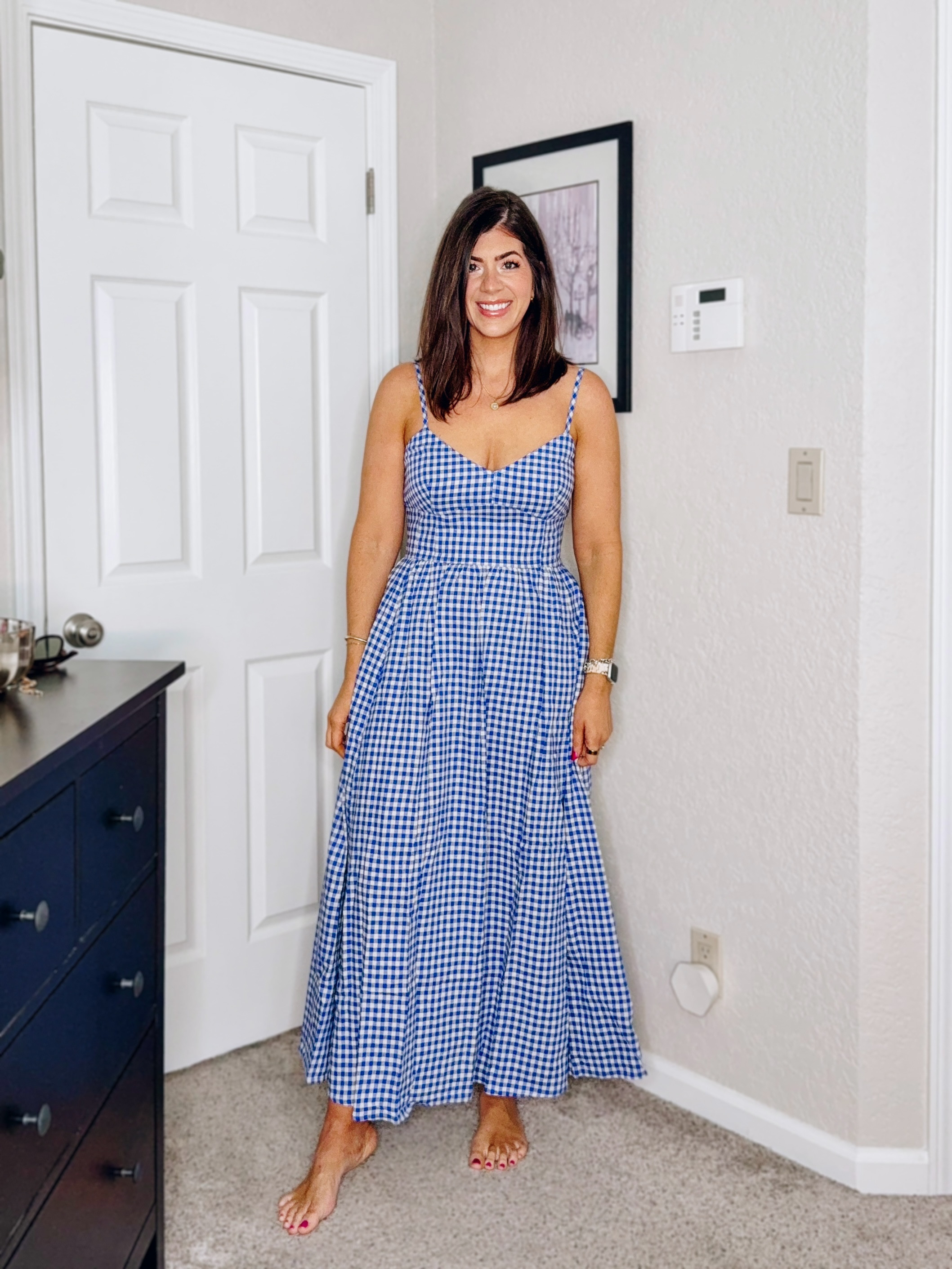 In a medium tall gingham dress 

#LTKMidsize #LTKFindsUnder50 #LTKFindsUnder100