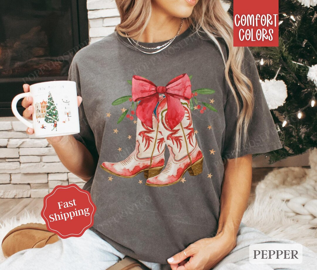 Christmas Boots Shirt Comfort Colors Holiday Tshirt, Country Christmas Tee, Women's Holiday Tee, ... | Etsy (US)