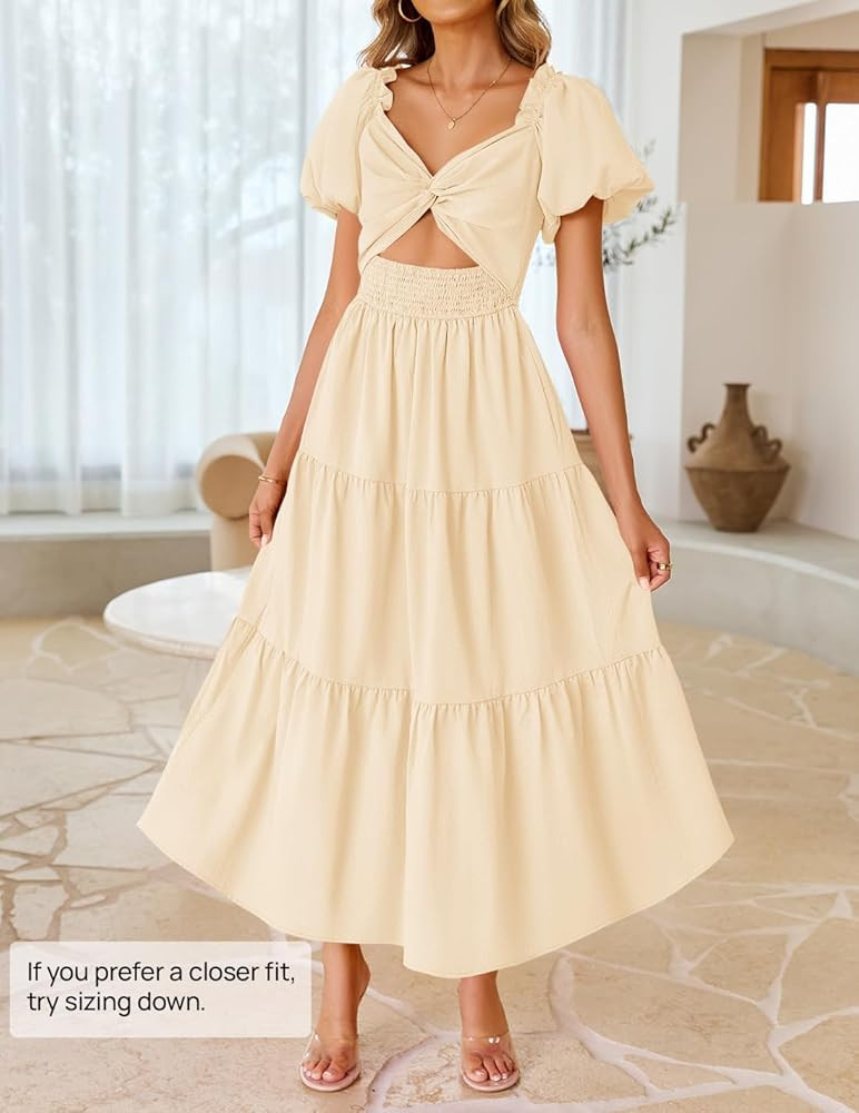 ZESICA Womens Summer 2025 Boho Vacation Dress Short Puff Sleeve Flowy Smocked Cutout A Line Beach... | Amazon (US)